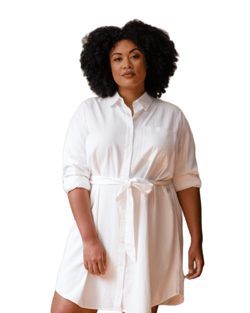 Front of a model wearing a size 2X Harris Button Down Shirt Dress in White by ABLE. | dia_product_style_image_id:316050
